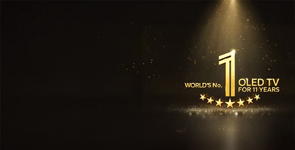 A gold emblem of World's number 1 OLED TV for 11 Years against a black backdrop. A spotlight shines on the emblem, and gold abstract stars fill the space.