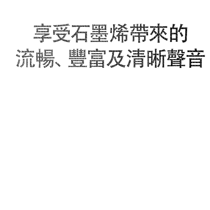 圖像顯示黑色背景下的六邊形圖案。當您向下捲動頁面時,會看到一幅文字圖像,上面寫著:「享受石墨烯帶來的流暢、豐富和清晰聲音。」