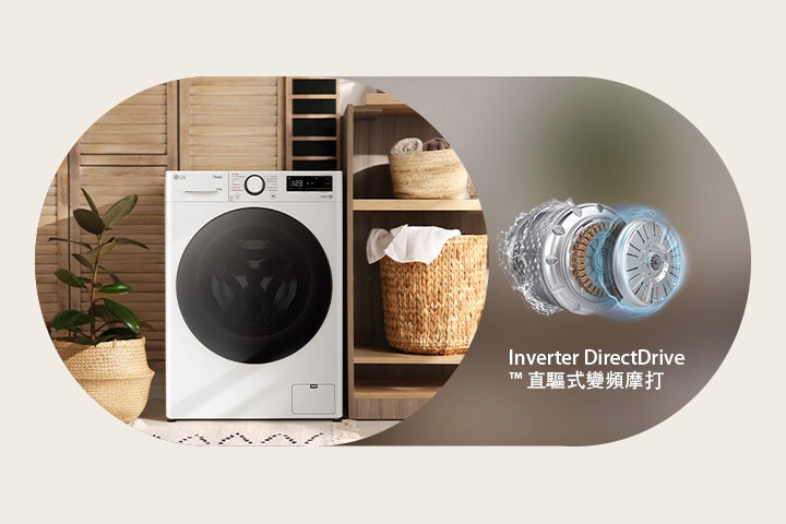 洗衣房裡有部洗衣機，旁邊有個Inverter DirectDrive™ 直驅式變頻摩打。	