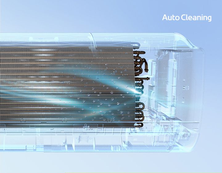 LG 冷氣機的正視圖，完全看不見外殼，因此可看到機器的內部運作。機器運作中，然後開啟藍光 (表示自動清潔機制)，以藍光清洗整個機器。右上角有自動清潔功能標誌。