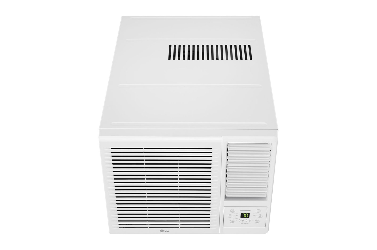 LG 窗口式冷氣機的頂部正面視圖。