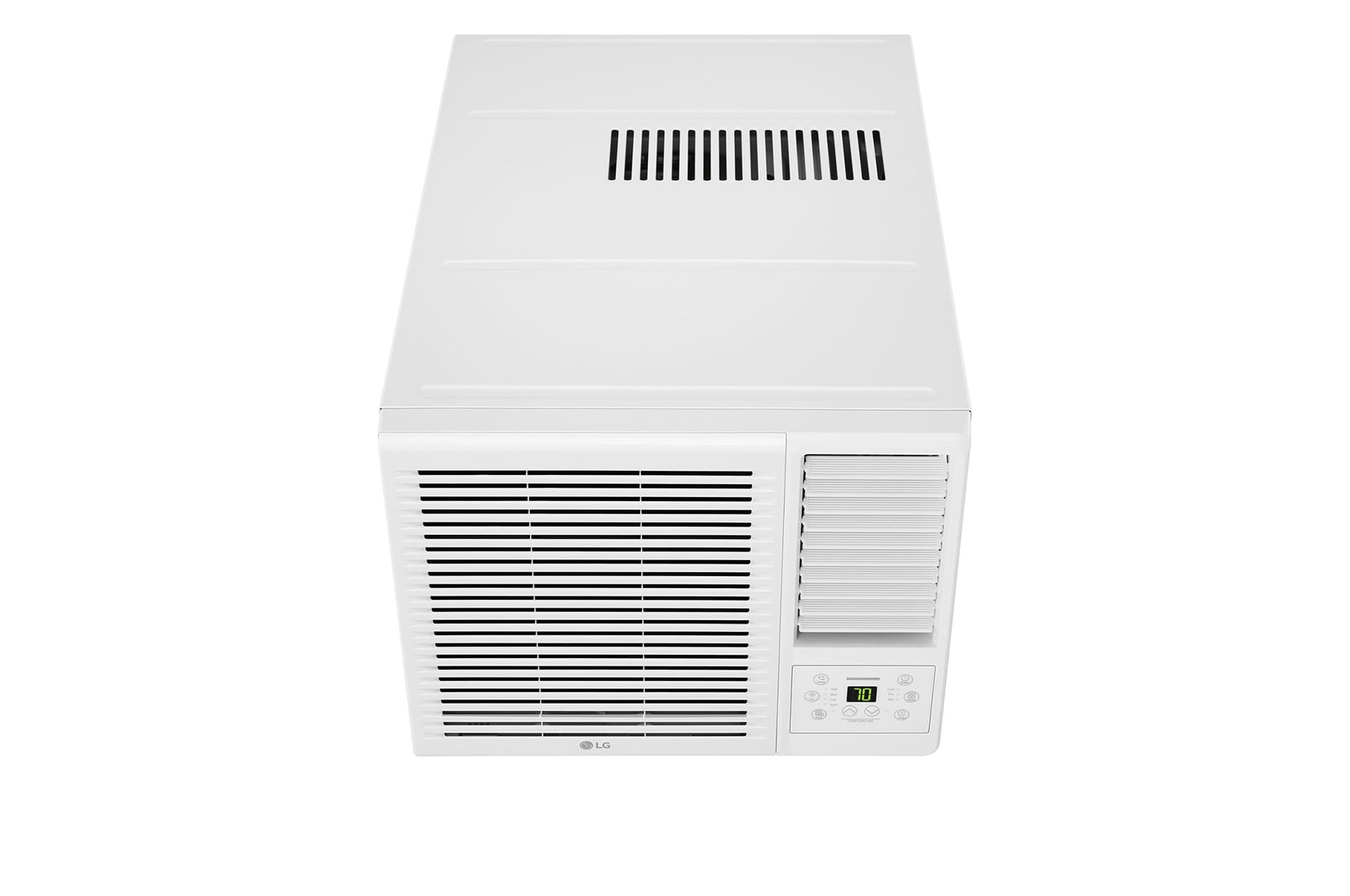 LG 窗口式冷氣機的頂部正面視圖。