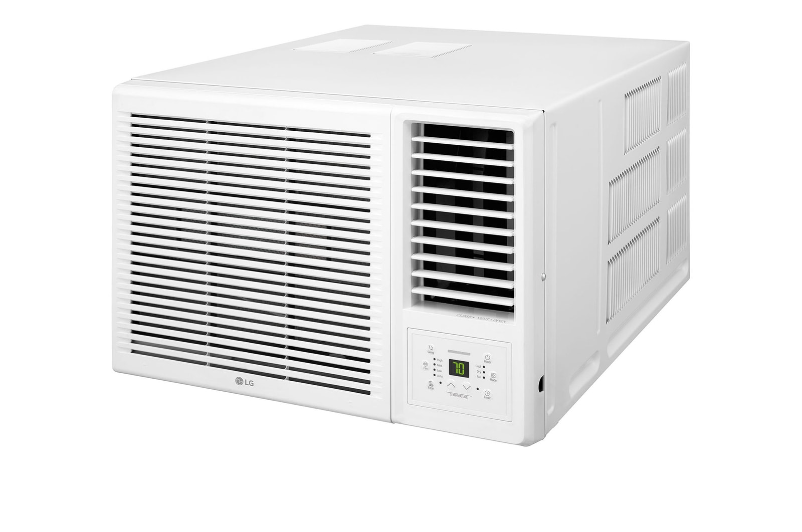 LG 窗口式冷氣機的右斜視圖。