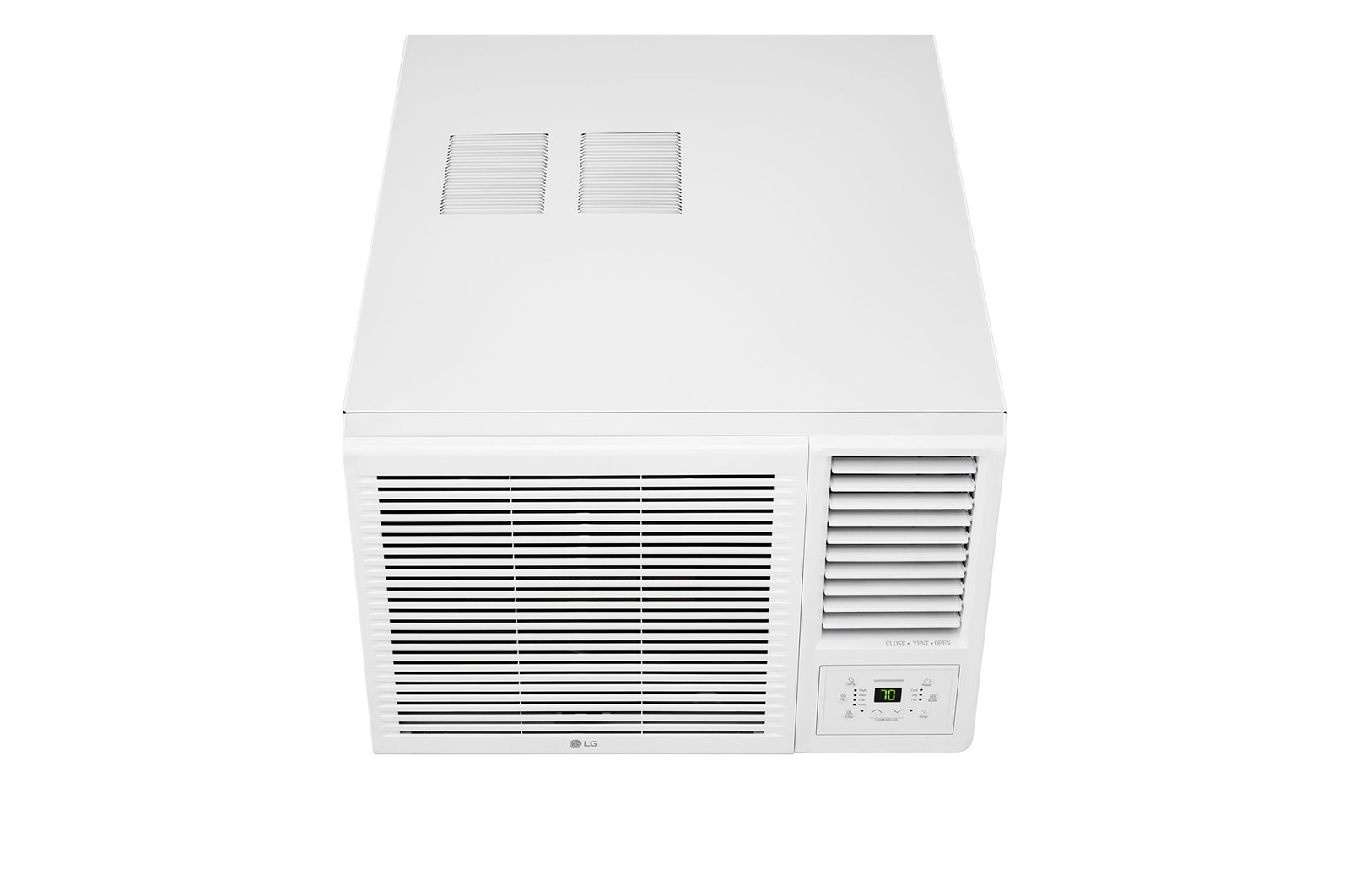 LG 窗口式冷氣機的頂部正面視圖。