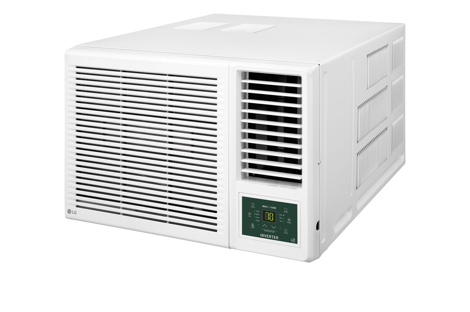 LG 窗口式冷氣機的頂部正面視圖。