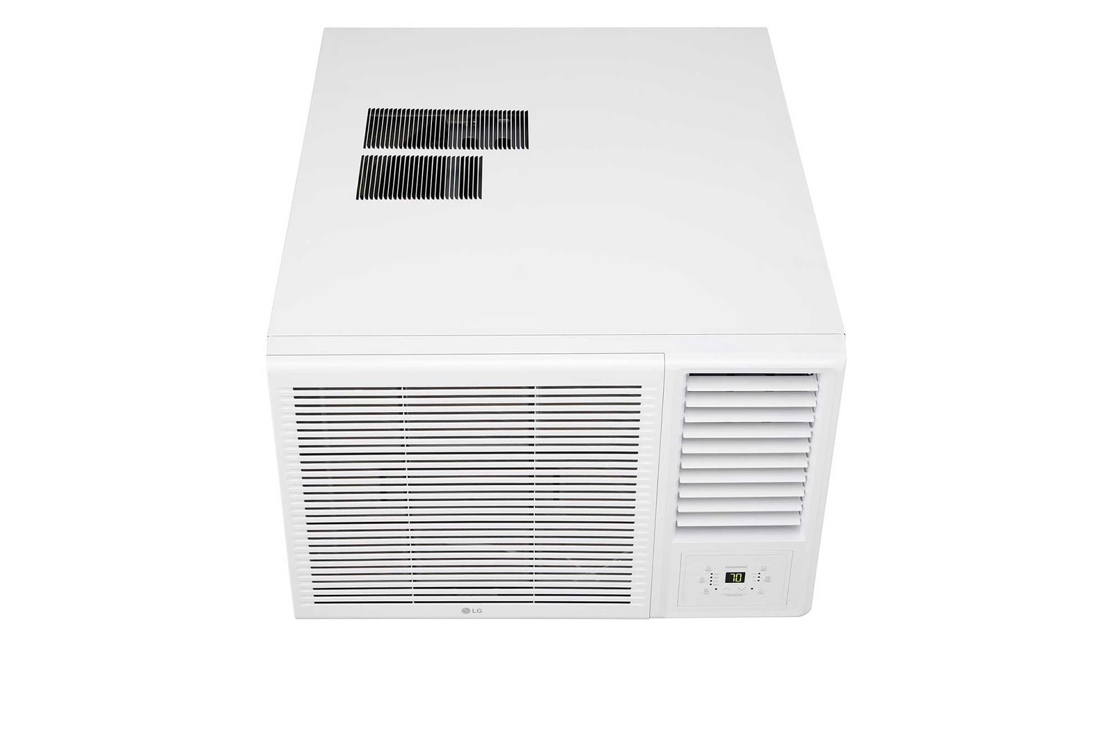 LG 窗口式冷氣機的頂部正面視圖。
