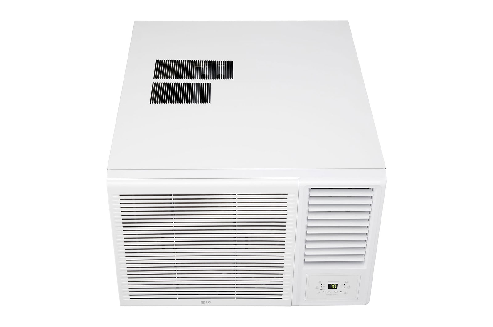 LG 窗口式冷氣機的頂部正面視圖。