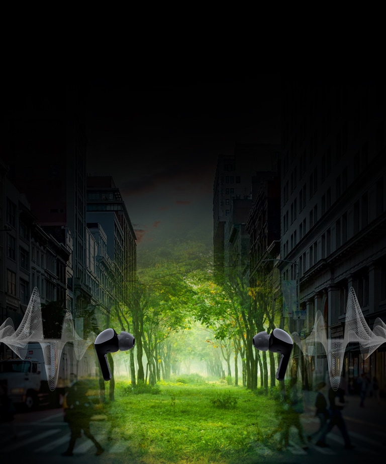 An image of two earbuds facing each other and wave illustrated behind each earbud. And it's a virtual space,there are city but forest in the middle.