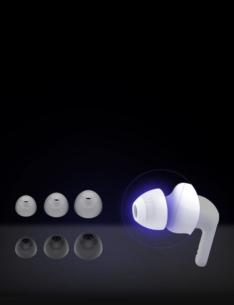 An image of a white earbud and two sets of three different sized ear gels.