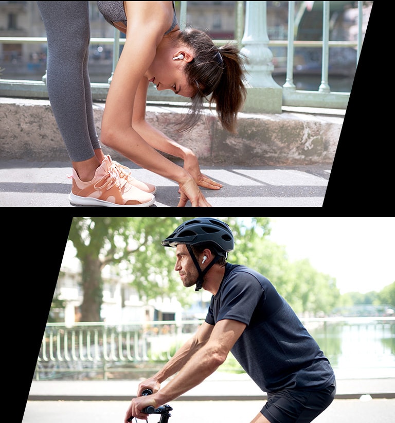 A woman is bending down to stretch while wearing TONE Free. A man is riding a bicycle.