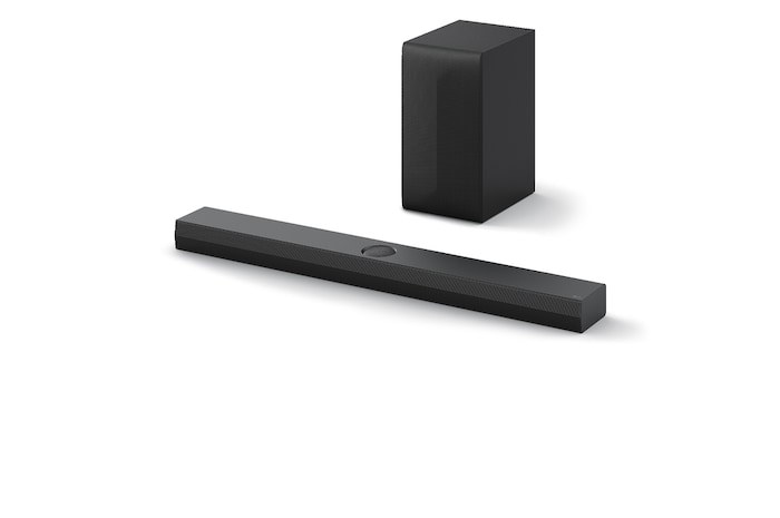 LG Soundbar S70TY 和重低音喇叭的頂斜角視圖