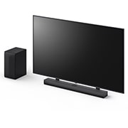 65 吋 LG QNED、LG Soundbar S70TY 和重低音喇叭的斜角視圖