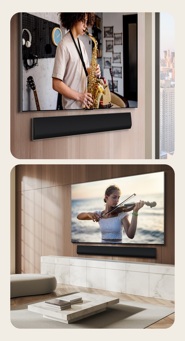 掛牆安裝的 LG Soundbar 和 LG 電視的斜角視圖，螢幕上顯示喇叭表演。  住宅木牆上的 LG Soundbar 和 LG 電視，螢幕上顯示一位女士在海邊拉小提琴。