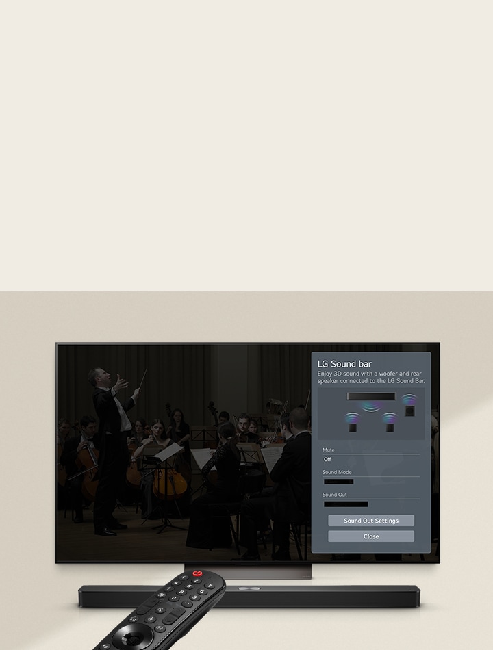 LG 遙控器指向下方安裝了 LG Soundbar 的 LG 電視，螢幕顯示 WOW 介面選單。