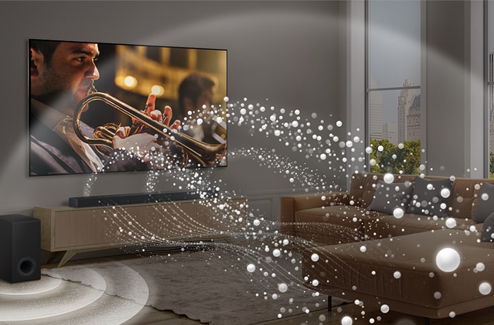 LG Soundbar、LG 電視和重低音喇叭被放在現代城市住宅中。LG Soundbar 發出由白色水滴組成的聲波，充滿整個房間，底部的重低音喇叭正在產生聲音效果。音效在整個房間中營造出圓頂包圍的效果。