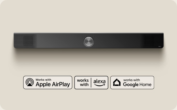 LG Soundbar 的俯視圖。 Apple AirPlay 標誌 Amazon Alexa 標誌 Google Home 標誌