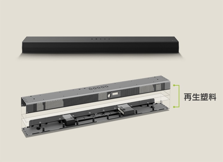 後面 soundbar 的正面視圖，前面 soundbar 的金屬框架描繪。 以傾斜的角度觀察 soundbar 金屬框架的後方，金屬框架邊緣標有「再生塑料」字樣。