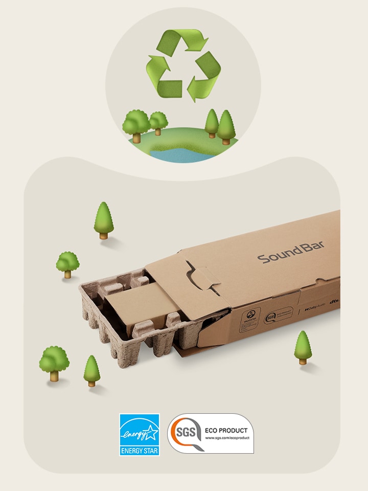 LG Soundbar 包裝呈現在米色背景上，背景中有樹木插圖。  能源之星標誌 SGS 環保產品標誌