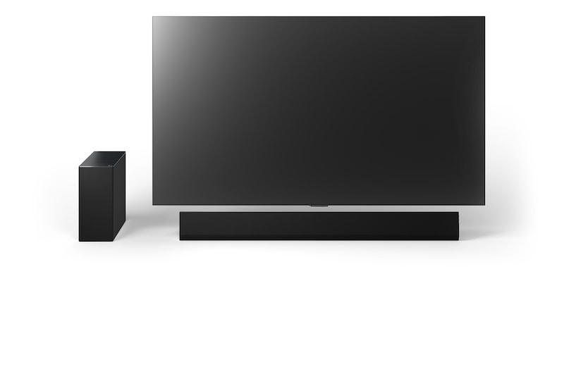 77 吋 LG OLED G4、LG Soundbar SG10TY 和重低音喇叭的正面視圖