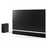 65 吋 LG OLED G4、LG Soundbar SG10TY 和重低音喇叭的斜角視圖