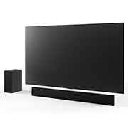 77 吋 LG OLED G4、LG Soundbar SG10TY 和重低音喇叭的斜角視圖