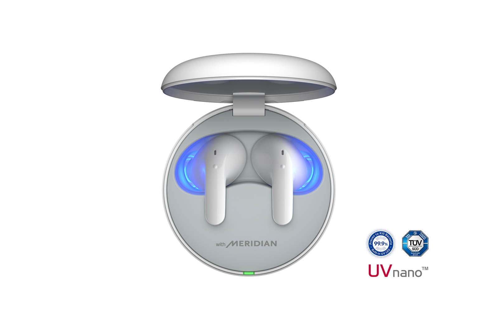 充電盒蓋開啟，可以看到光線從盒內的耳機中射出。從上方可以看到 UVnano 標誌。
