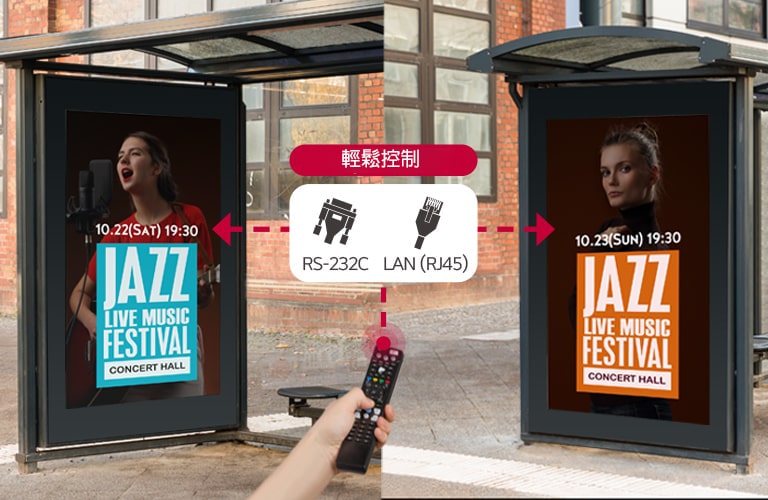 雙面顯示屏可透過 RS-232C 及 LAN (RJ45) 輕鬆控制。