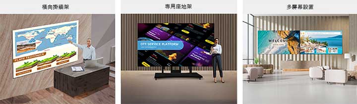 LAPA 系列分別以三種不同方式展示於圖片中：以橫向掛牆架安裝在牆上、配搭專用座地架，以及兩部顯示屏並排成為多屏幕設置。