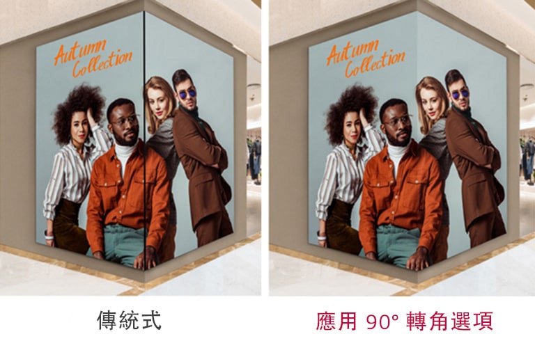 顯示採用 90 度角選項下的內容，即使在轉角位安裝也毫無中斷。