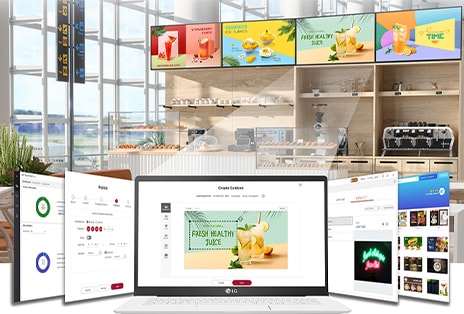 圖像顯示正在運行實際 LG SuperSign Cloud 解決方案的手提電腦，其螢幕內容透過解決方案在背景中的顯示屏上鏡像顯示。
