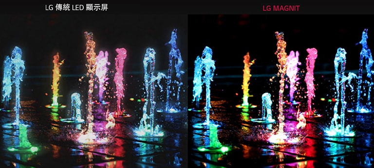 利用不同顏色的落地噴泉顯示 LG 傳統 LED 顯示器與 MAGNIT 在對比度和獨特性上的差異