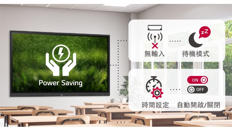 如果在一段時間內沒有訊號輸入，將進入待機模式，此時可以透過設定時間自動開啟或關閉，達致有效節能。