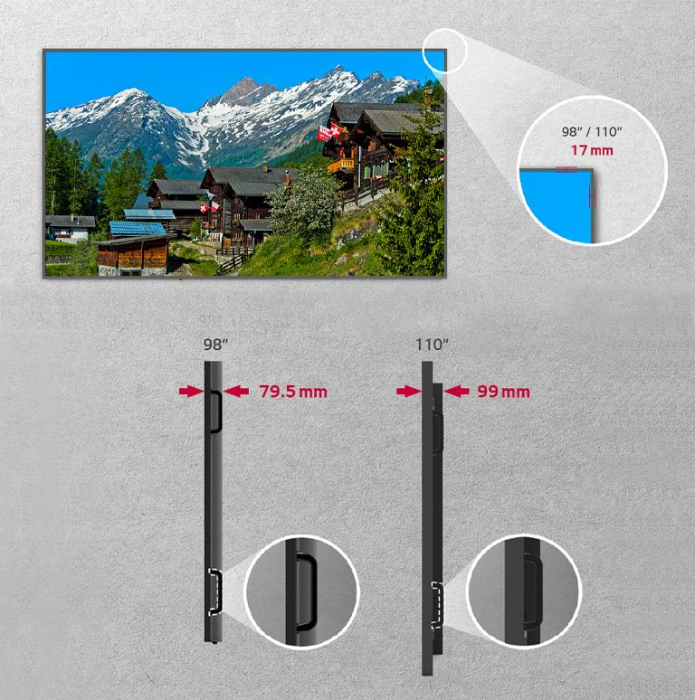 UM5K 的邊框尺寸為 17mm。UM5K 98" 的深度為 79.5mm，而 110" 的深度則為 99mm。