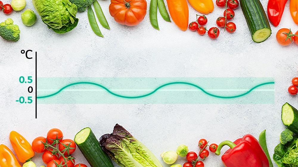 周圍佈滿色彩鮮艷的新鮮蔬菜，中央展示溫度波幅保持在 0.5℃ 以內的圖表。