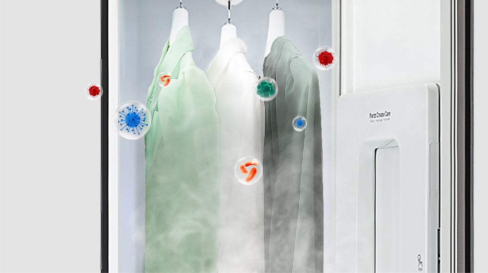 這是使用 TrueSteam™ 蒸氣洗滌技術去除衣服上灰塵和細菌的圖像。