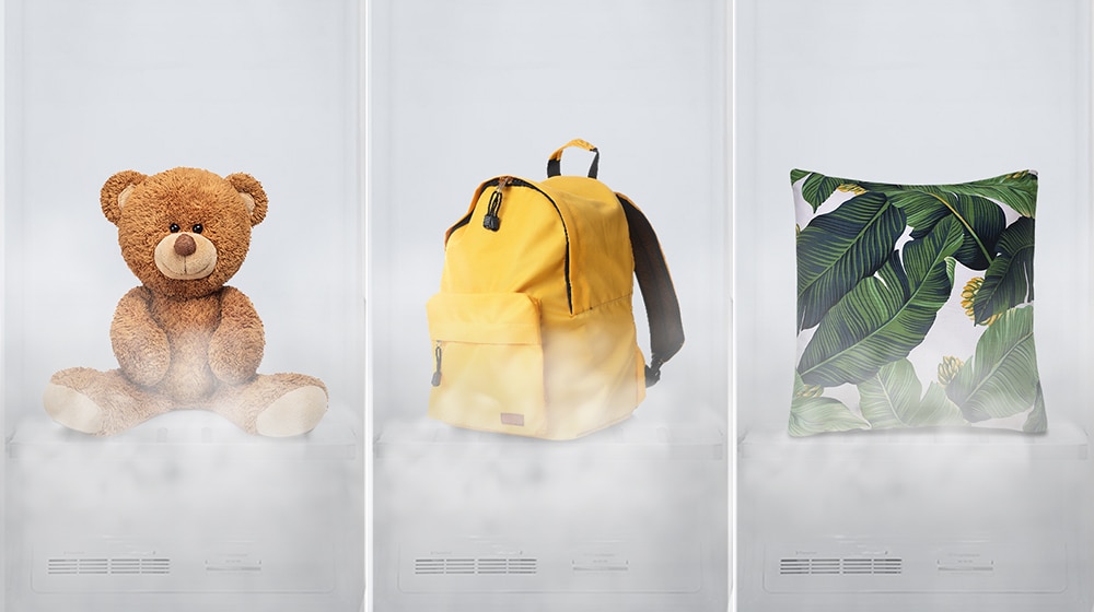 頁面顯示泰迪熊和袋子等物品籠罩在 Styler 衣物護理機的蒸汽之間。