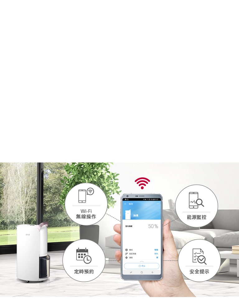 客廳裡,有人手握著手機,顯示 LG 應用程式,控制家電並顯示 Wi-Fi 無線操作、定時預約等功能圖示。