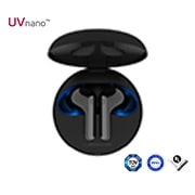 A top view of a cradle opened up and two earbuds inside it with UV lighting on
