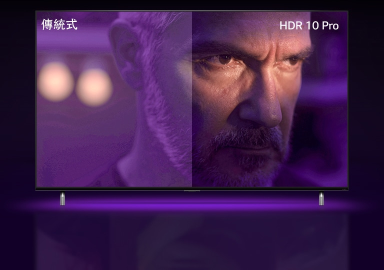 有位男士在外面凝視，看似很生氣。圖片分為兩半圖片左半暗淡無光，色彩不太鮮艷；圖片右半更加明亮多色。左上角寫著「傳統」，右上角寫著「HDR 10 PRO」。影像縮小，顯示 QNED 電視。