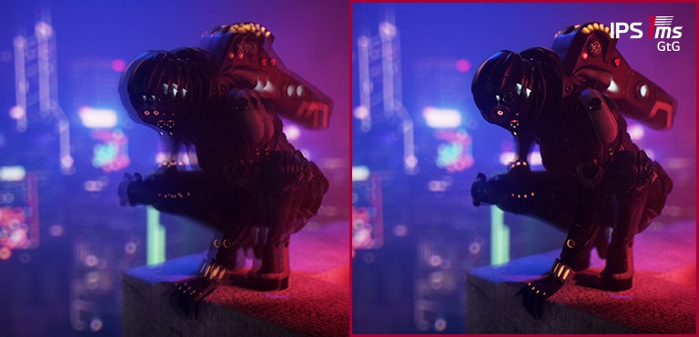 圖像顯示了兩個有機器人的動畫來進行比較。兩個動畫看似相同，但左邊的未套用 1ms(GtG)，因此其內容不如右邊的清晰。