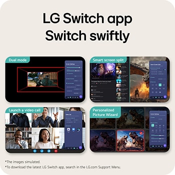 此影像突出顯示 LG Switch 應用程式介面，顯示 Dual Mode、智能屏幕分割、啟動視像通話、個人化圖片精靈等功能，提供更智能的控制和無縫屏幕切換。