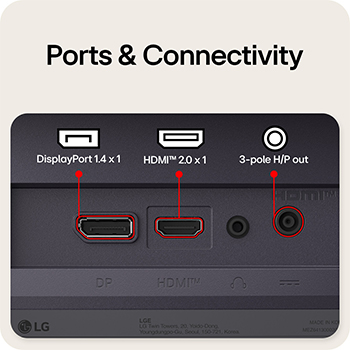 顯示連接埠的遊戲顯示器後視圖，包括一個 HDMI™ 2.1 輸入、一個 DisplayPort 1.4 連接埠，以及 3 極 H/P 輸出。