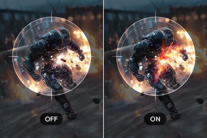 將關閉和開啟 Dynamic Action Sync 的遊戲畫面進行比較，展示減少了輸入延遲的 UltraGear™ 25G523B 顯示器。