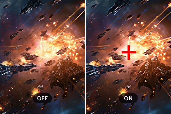 將關閉和開啟 Crosshair 功能的遊戲畫面進行比較，展示位於中心的紅色目標點，可改善 UltraGear™ 25G523B 顯示器的射擊準確度。