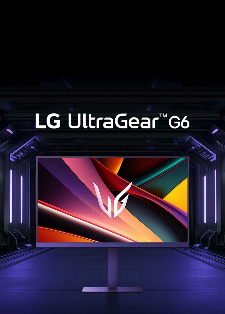 位於充滿未來感和霓虹燈光的房間內的 UltraGear™ 27G640A 遊戲顯示器的前置影像。