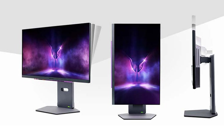 The image shows 3 modes of the 3-side borderless monitor for gamers to play games comfortably, tilting, height adjustment, and pivoting.