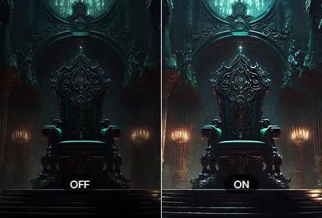 顯示兩個黑暗的室內場景，左側影像標示為「OFF」，顯示較黑暗的陰影區域，右側影像標示為「ON」，在陰影區域內呈現出更明亮、清晰的細節