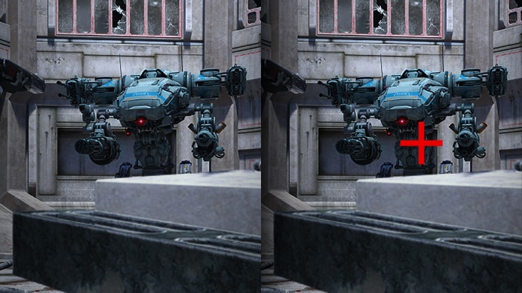 透過 UltraGear 顯示器展示 Crosshair 功能的運作效果。