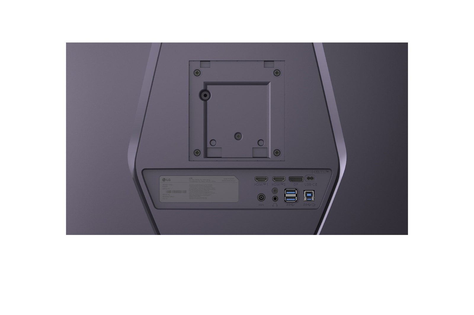 34G630A 的連接埠及 VESA 支架特寫後視圖