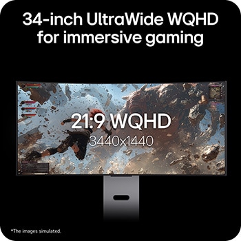 34GX90SB-W 此影像以 21:9 的畫面比例突出顯示 34 吋 UltraWide WQHD (3440x1440) 顯示屏,提供更廣闊視野,帶來身臨其境的遊戲體驗。